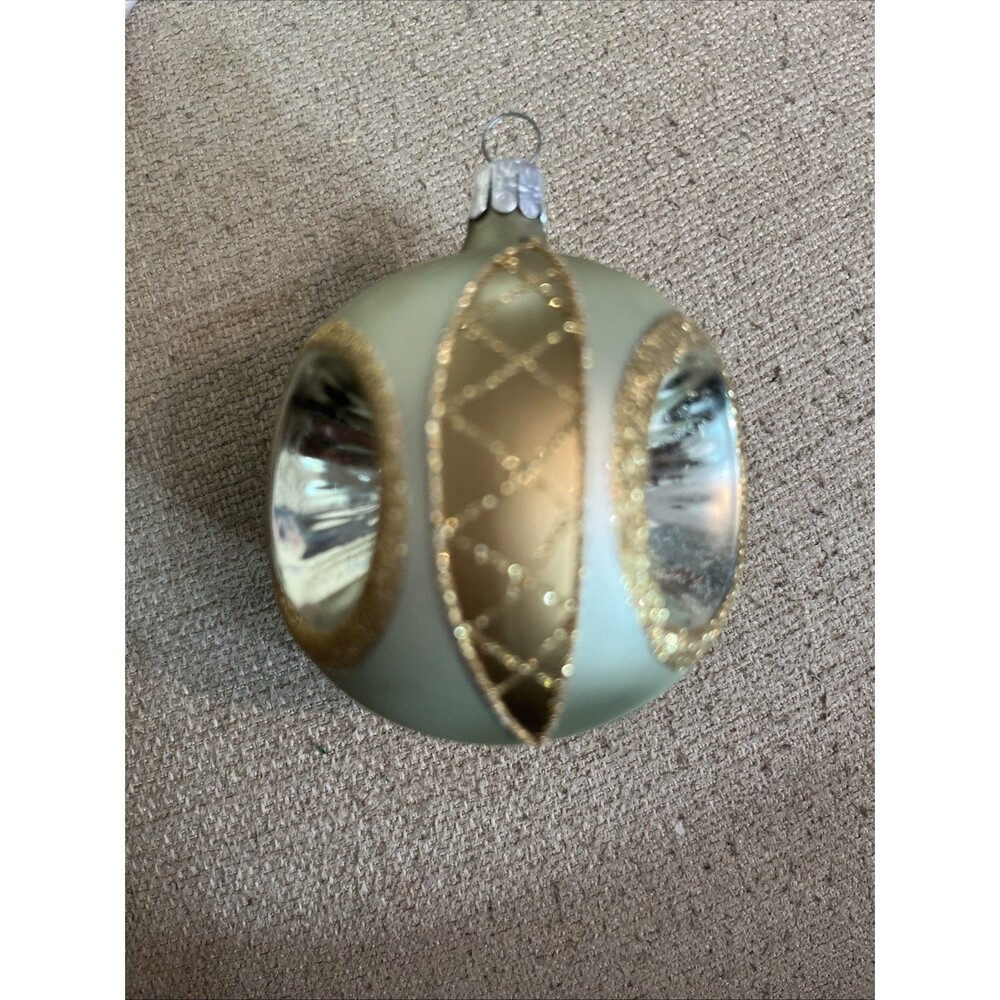 VTG Shiny Brite Mica Striped Triple Indent Green Glass Christmas Ornament Satin